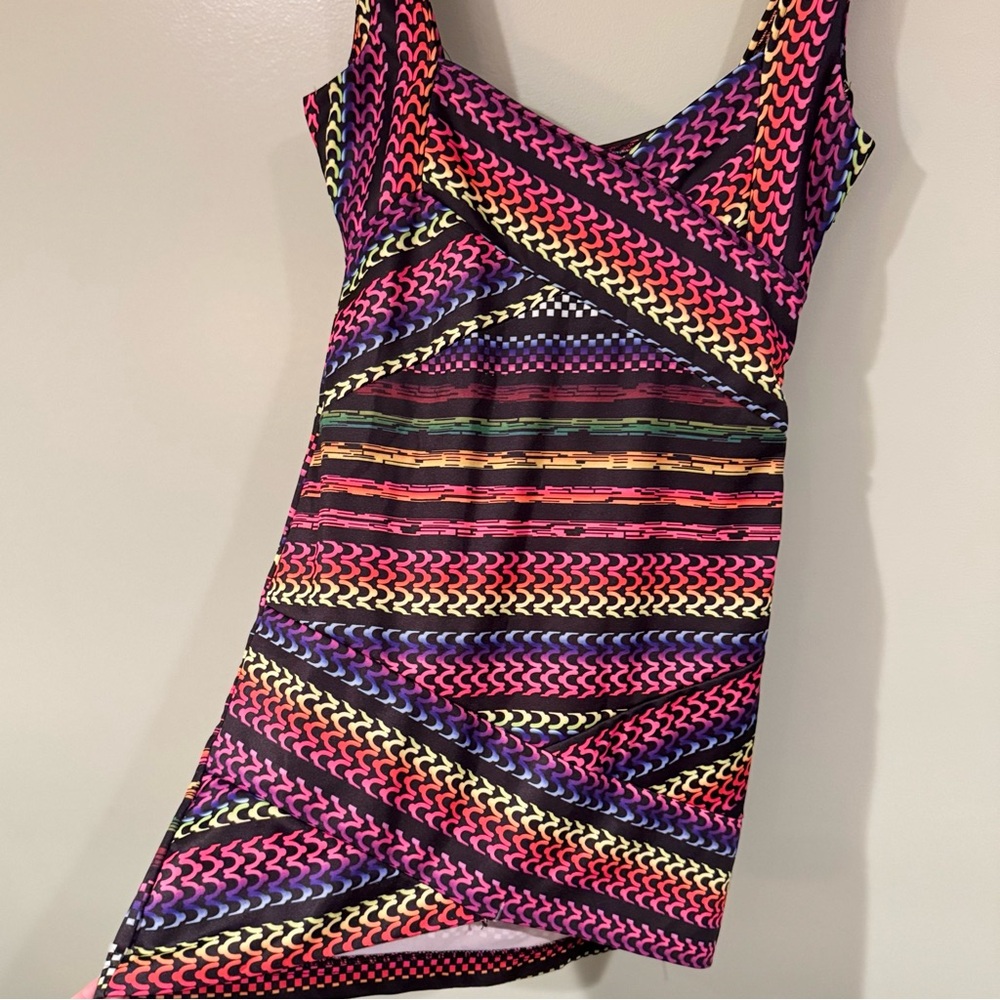 Vintage Y2K Rainbow Geometric Body-con Dress Hippie Fest Women S Club Sexy 90s - Picture 4 of 16